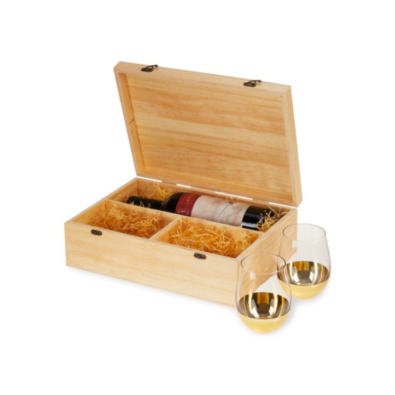 Wood Wine Box With Set Of 2 Stemless Glasses